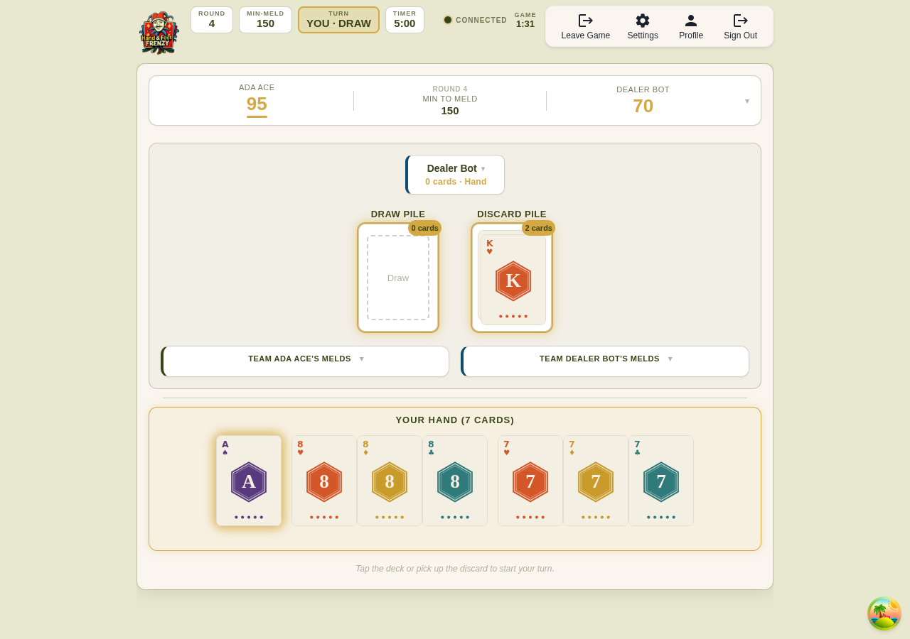 Screenshot of a Hand and Foot Frenzy game in progress